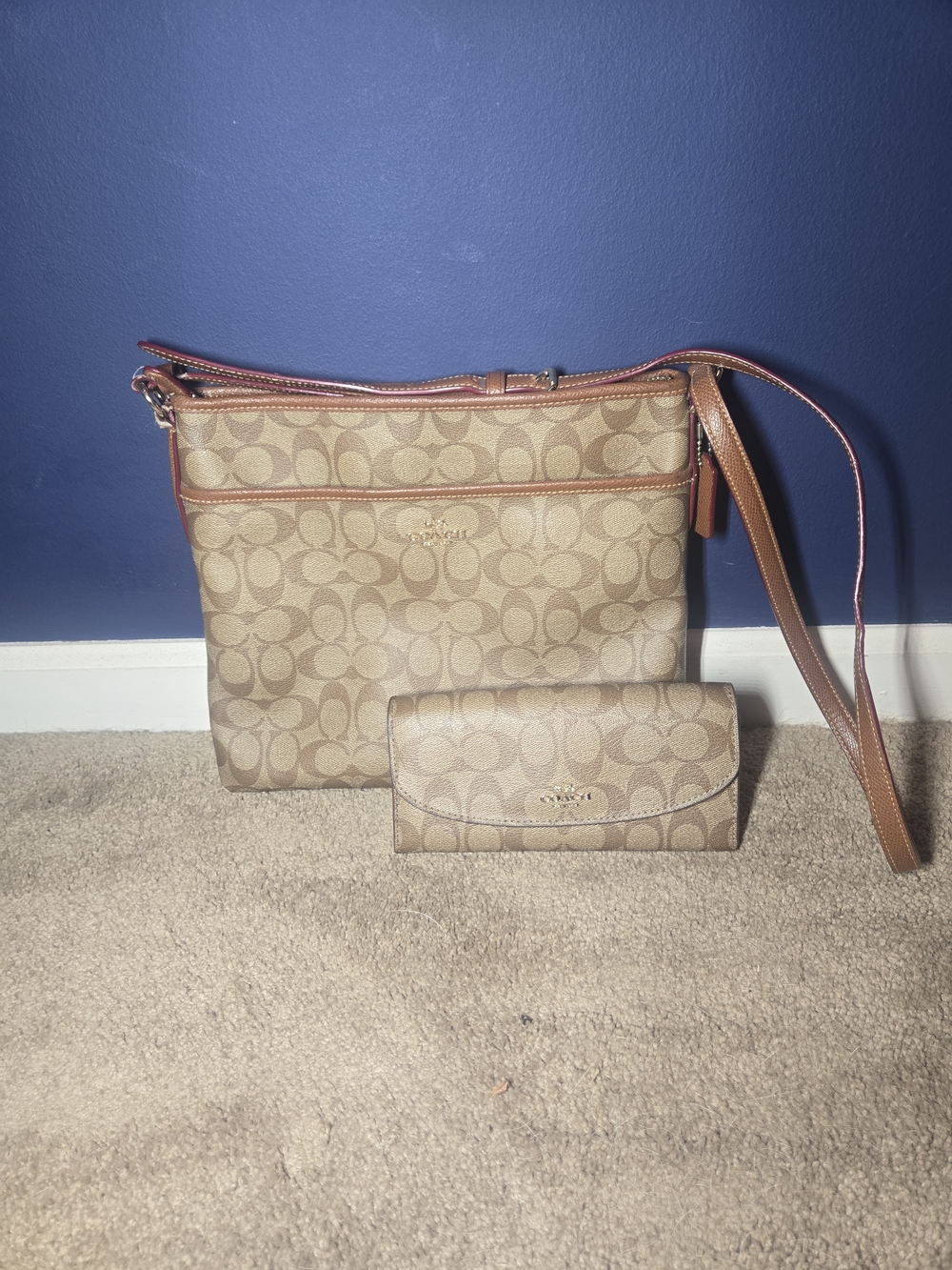 Nearly Perfect Set - Coach Signature Canvas Crossbody and Wallet in Khaki Saddle